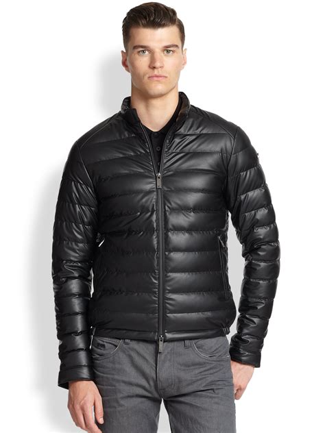 men faux leather puffer jacket